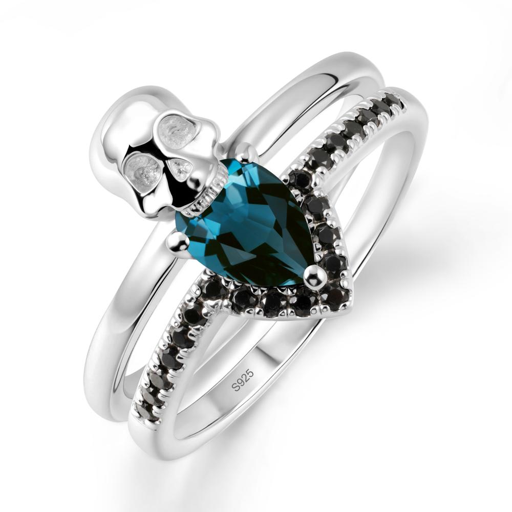 Double Band Skull London Blue Topaz and Black Spinel Ring - LUO Jewelry #metal_sterling silver