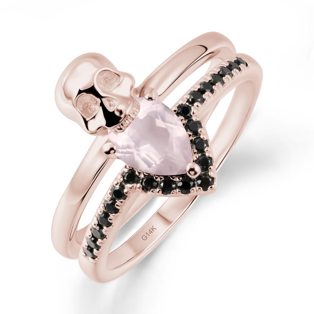 Halloween Skull Rose Quartz and Black Spinel Ring - LUO Jewelry #metal_14k rose gold