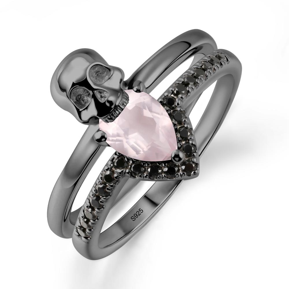 Halloween Skull Rose Quartz and Black Spinel Ring - LUO Jewelry #metal_black finish sterling silver