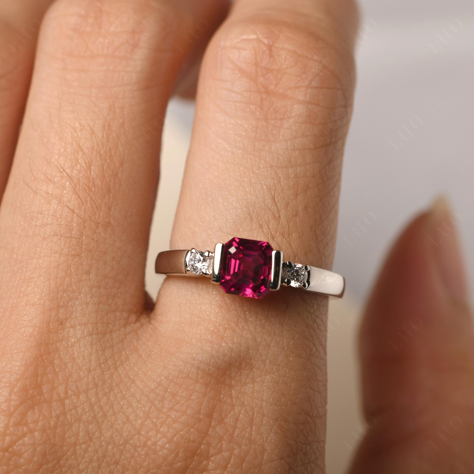 Ruby Half Bezel Set Asscher Cut Ring - LUO Jewelry 
