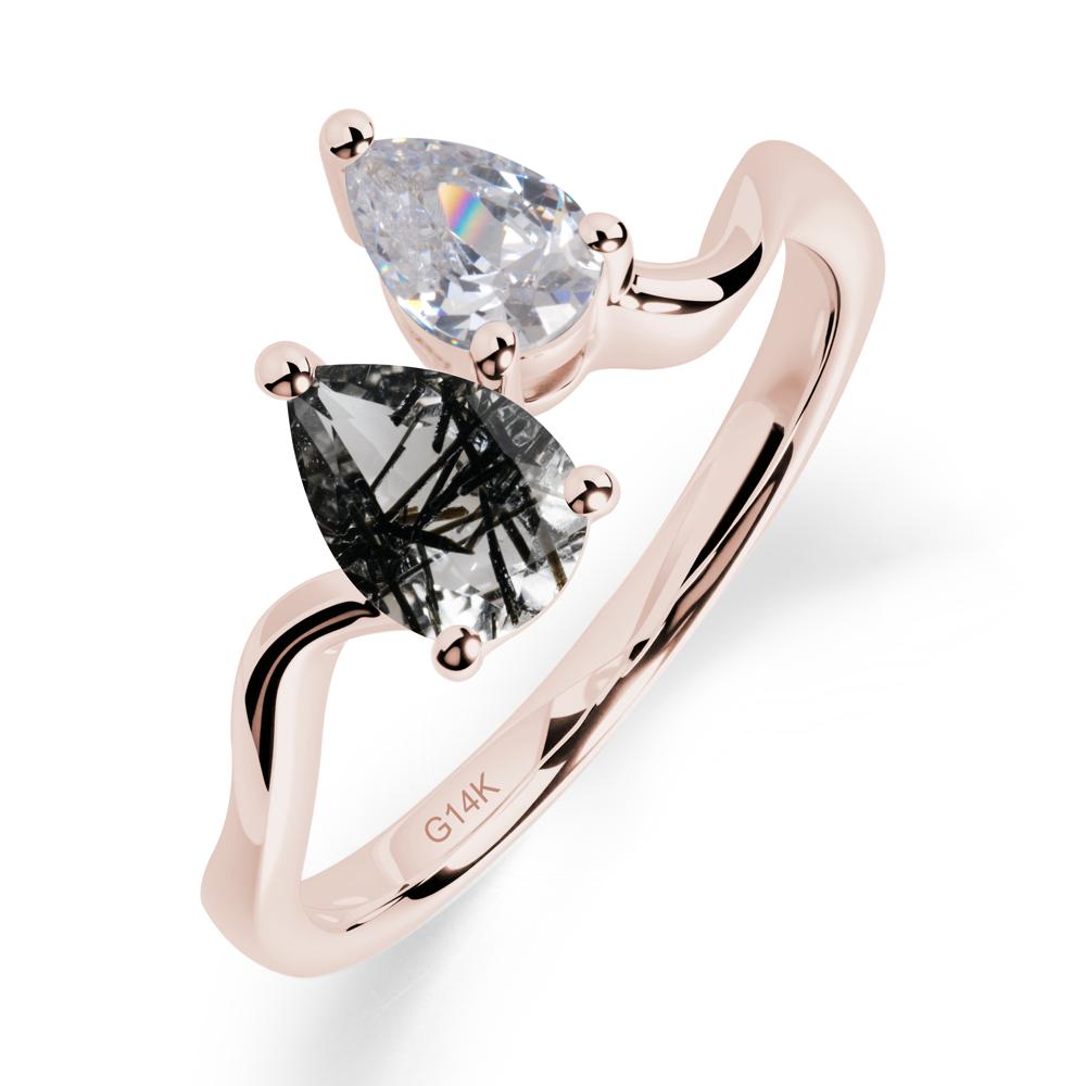 Pear Shaped Black Rutilated Quartz Toi Et Moi Ring - LUO Jewelry #metal_14k rose gold