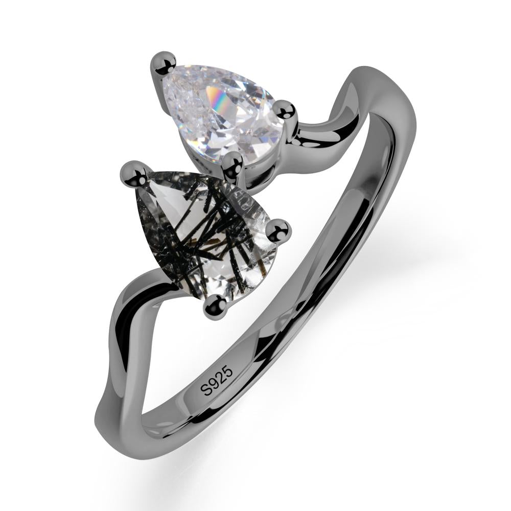 Pear Shaped Black Rutilated Quartz Toi Et Moi Ring - LUO Jewelry #metal_black finish sterling silver