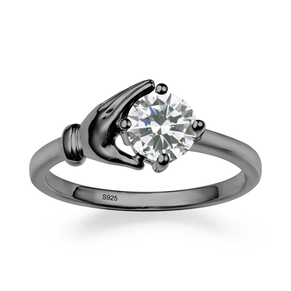 Cupping Hand Round Cubic Zirconia Ring - LUO Jewelry #metal_black finish sterling silver