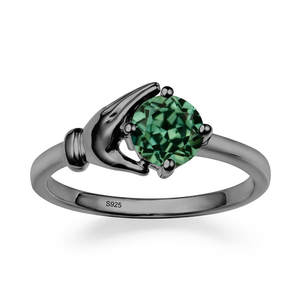 Cupping Hand Round Green Sapphire Ring - LUO Jewelry #metal_black finish sterling silver