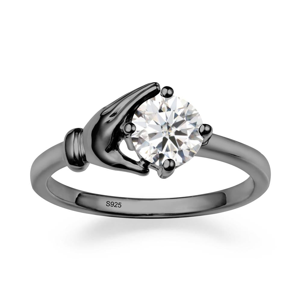 Cupping Hand Round Moissanite Ring - LUO Jewelry #metal_black finish sterling silver