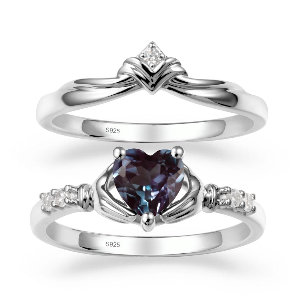 Heart Shaped Alexandrite Claddagh Wedding Band Sets - LUO Jewelry #metal_sterling silver