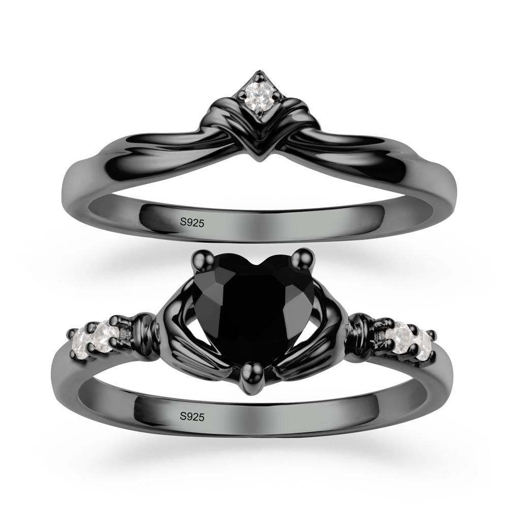 Black Spinel Claddagh Engagement Ring Sets - LUO Jewelry #metal_black finish sterling silver