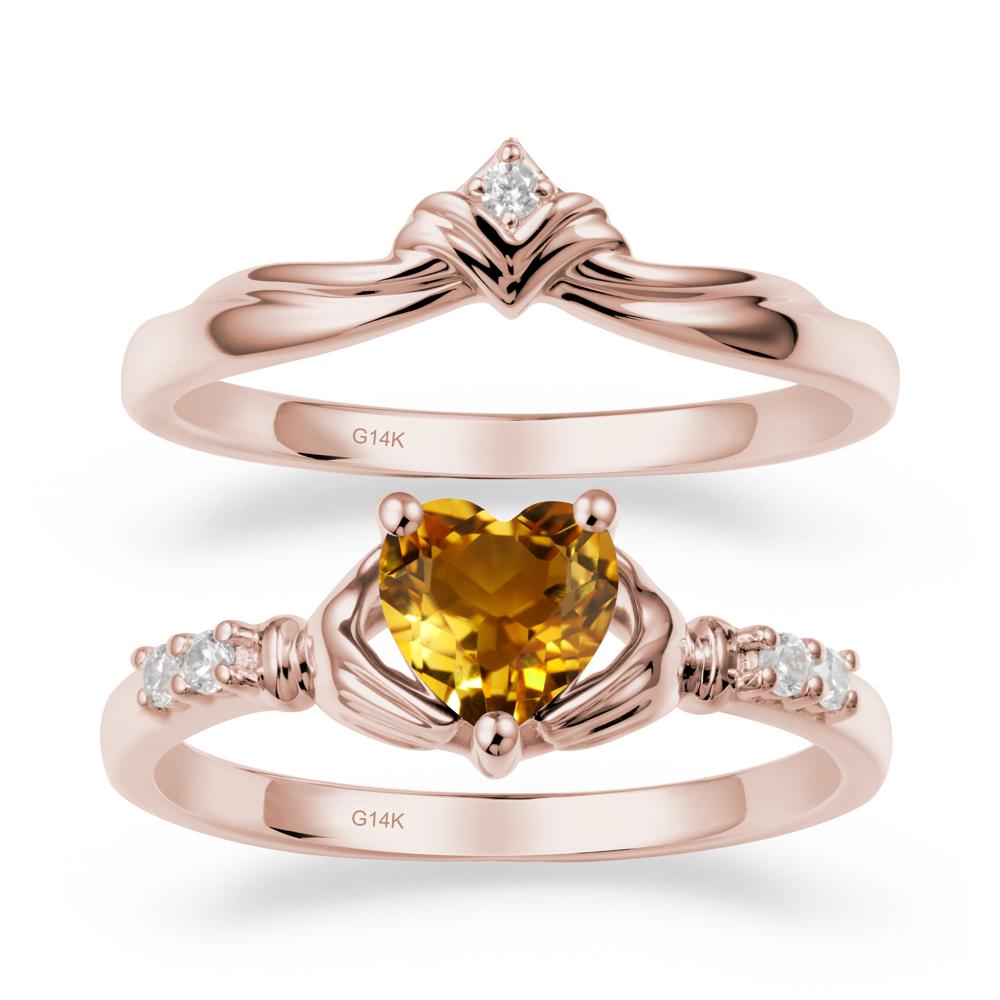 Heart Shaped Citrine Claddagh Wedding Band Sets - LUO Jewelry #metal_14k rose gold