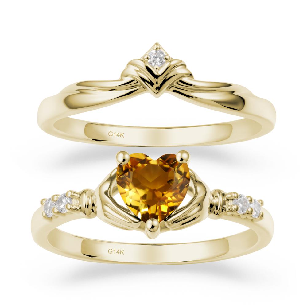 Heart Shaped Citrine Claddagh Wedding Band Sets - LUO Jewelry #metal_14k yellow gold