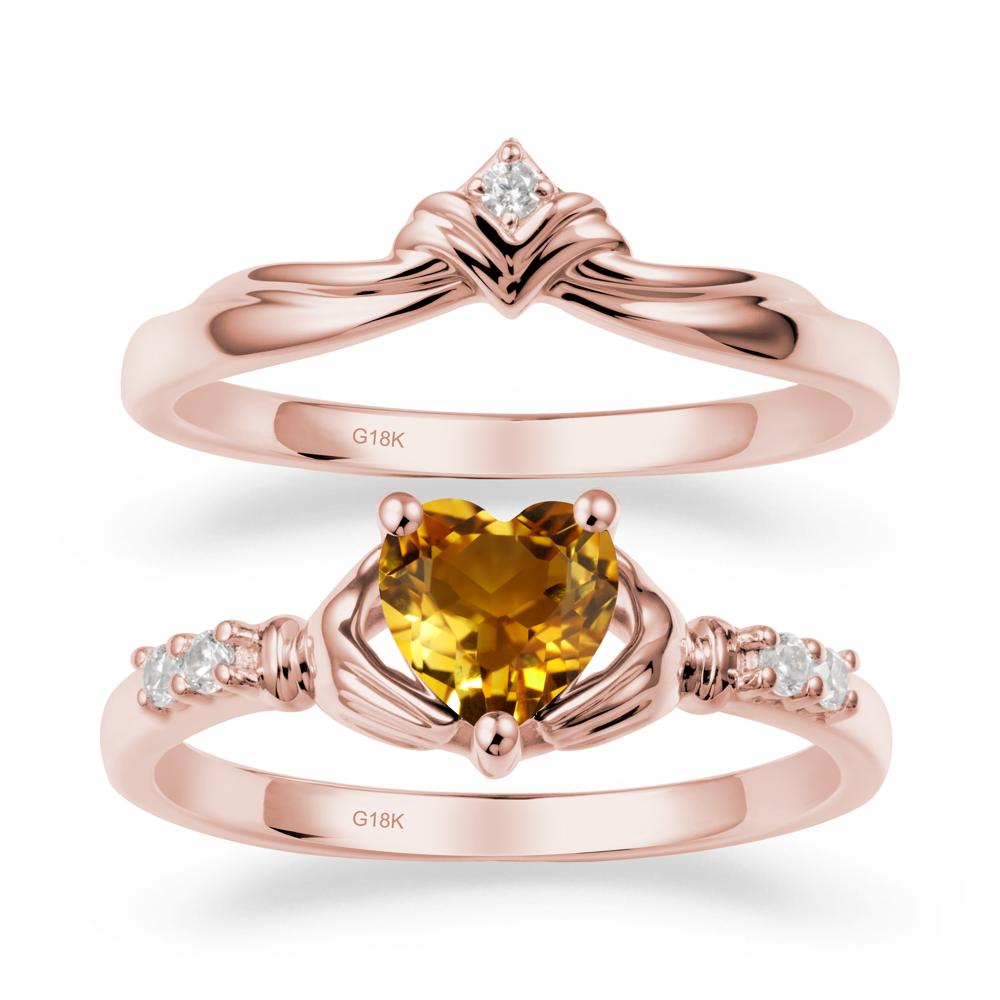 Heart Shaped Citrine Claddagh Wedding Band Sets - LUO Jewelry #metal_18k rose gold