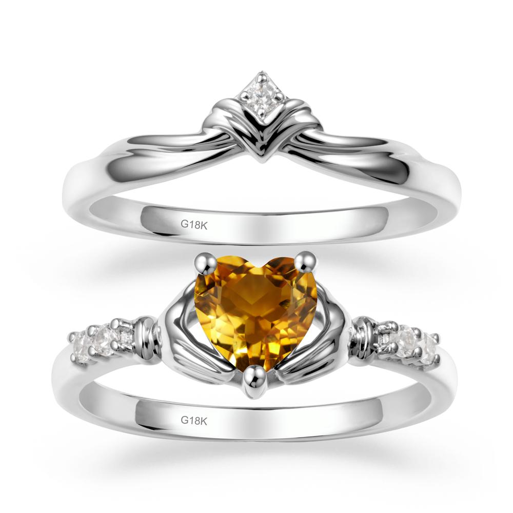 Heart Shaped Citrine Claddagh Wedding Band Sets - LUO Jewelry #metal_18k white gold