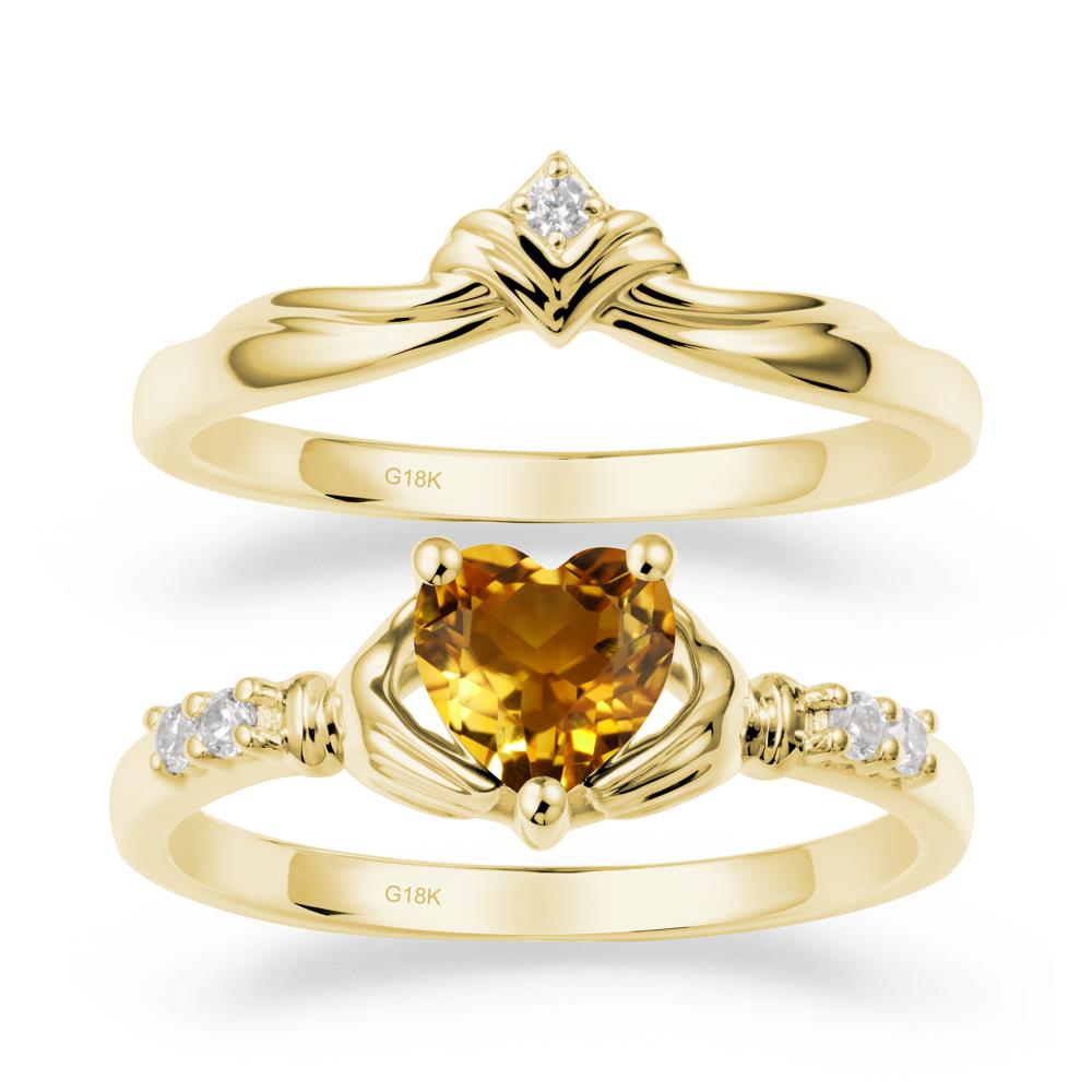 Heart Shaped Citrine Claddagh Wedding Band Sets - LUO Jewelry #metal_18k yellow gold