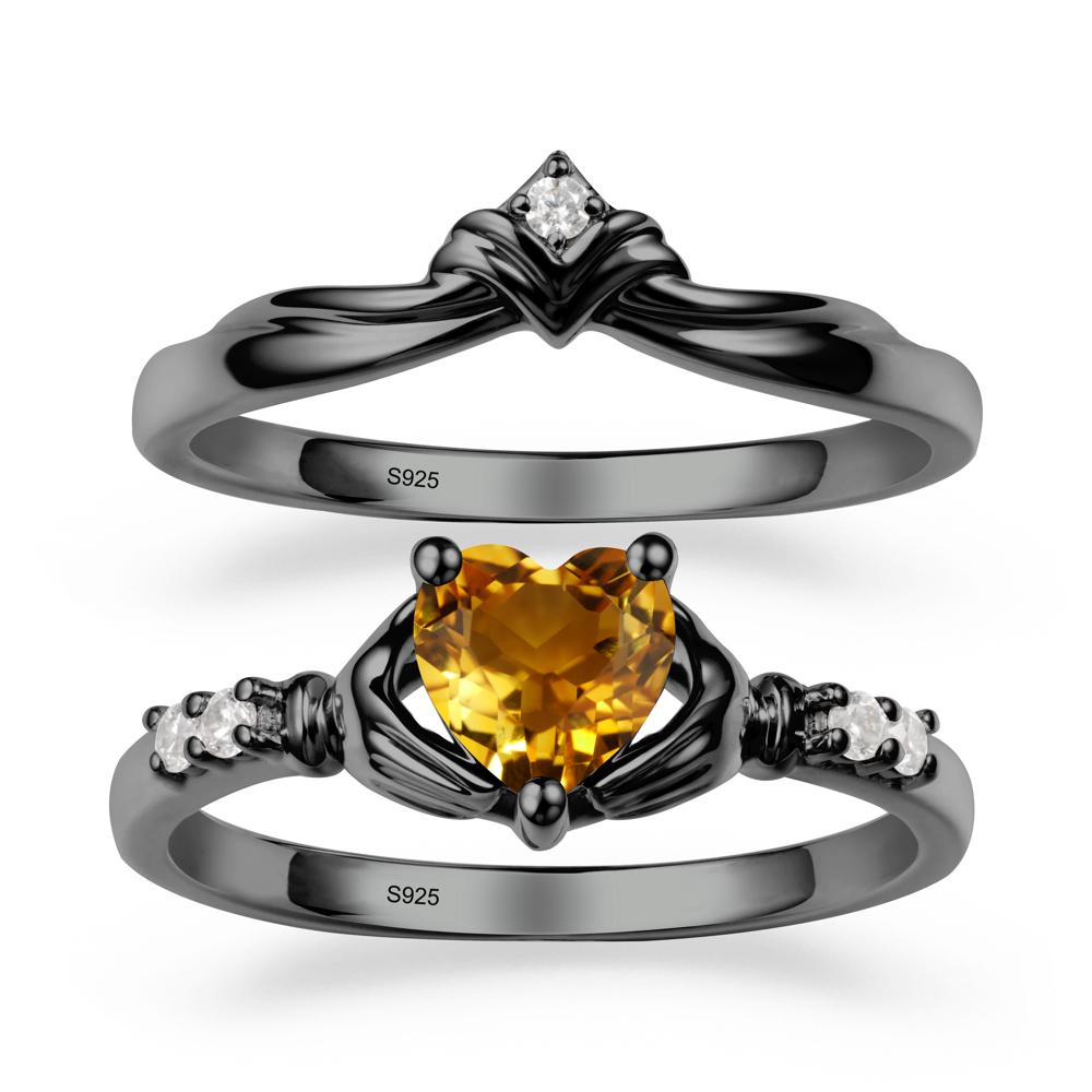 Heart Shaped Citrine Claddagh Wedding Band Sets - LUO Jewelry #metal_black finish sterling silver