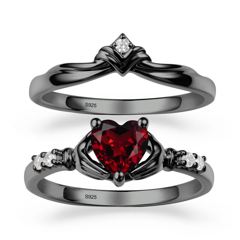 Garnet Claddagh Engagement Ring Sets - LUO Jewelry #metal_black finish sterling silver