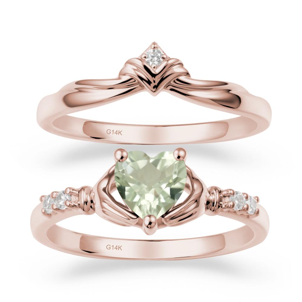 Heart Shaped Green Amethyst Claddagh Wedding Band Sets - LUO Jewelry #metal_14k rose gold