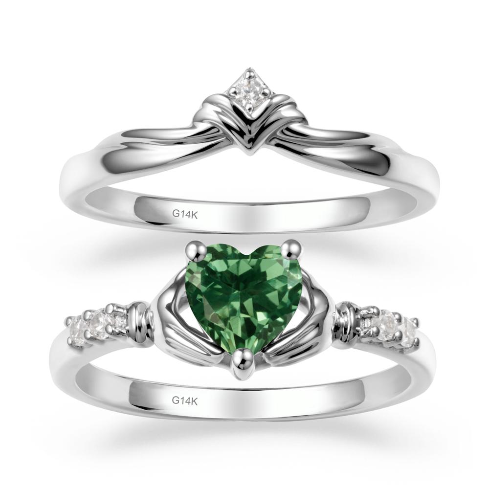 Green Sapphire Claddagh Wedding Ring Sets - LUO Jewelry #metal_14k white gold
