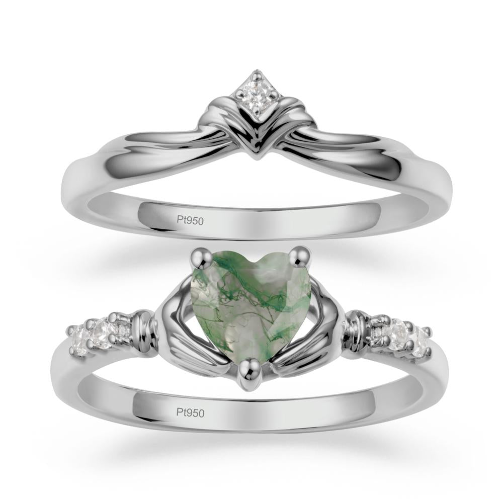 Heart Shaped Moss Agate Claddagh Wedding Band Sets - LUO Jewelry #metal_platinum