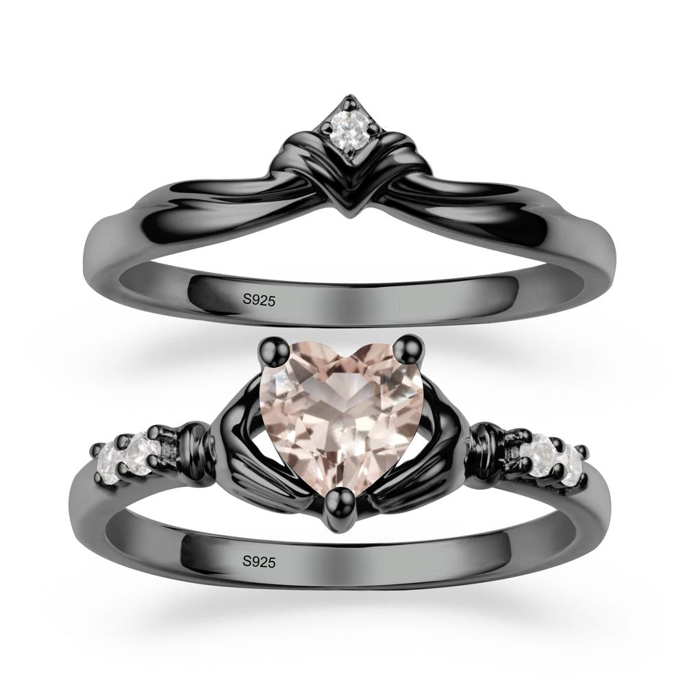 Morganite Claddagh Ring Bridal Set - LUO Jewelry #metal_black finish sterling silver