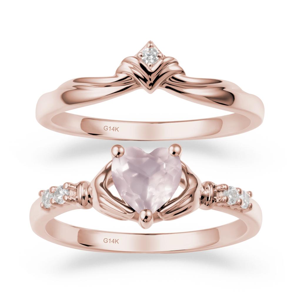 Rose Quartz Claddagh Wedding Ring Sets - LUO Jewelry #metal_14k rose gold