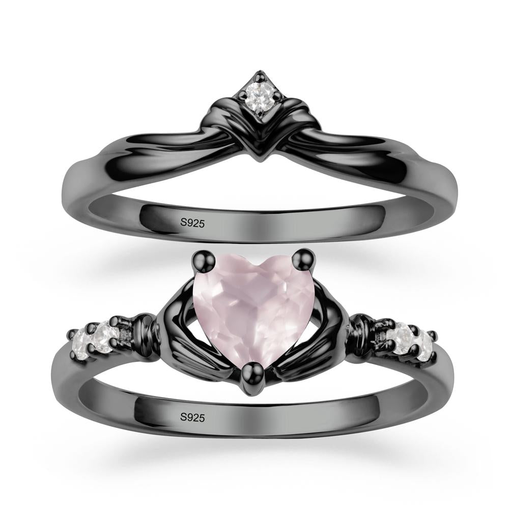 Rose Quartz Claddagh Wedding Ring Sets - LUO Jewelry #metal_black finish sterling silver