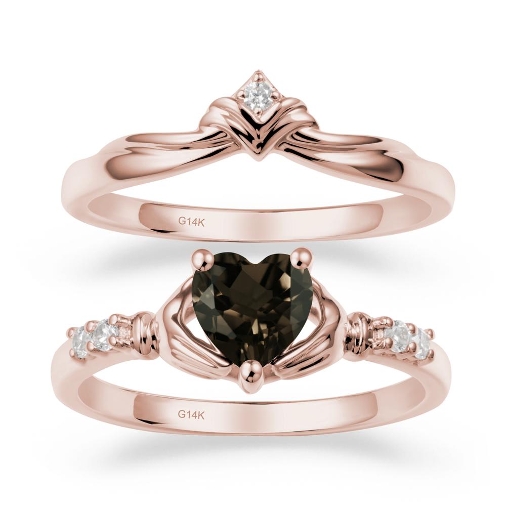 Heart Shaped Smoky Quartz Claddagh Wedding Band Sets - LUO Jewelry #metal_14k rose gold