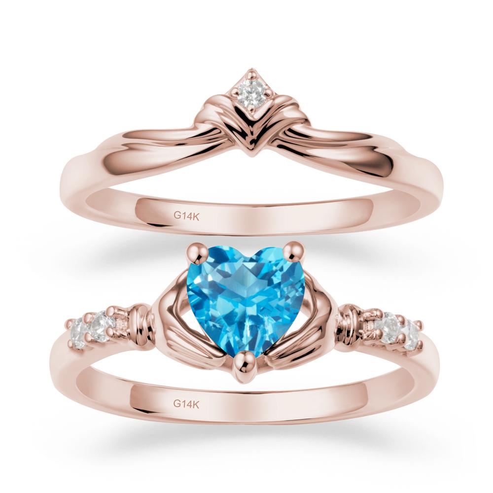 Swiss Blue Topaz Claddagh Wedding Ring Sets - LUO Jewelry #metal_14k rose gold