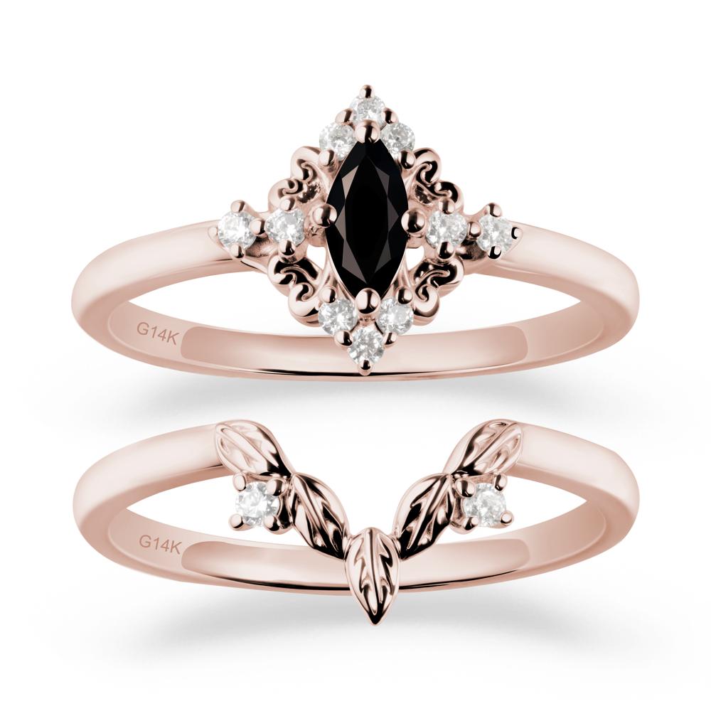 Marquise Black Spinel Ring Sets with Leaf Details - LUO Jewelry #metal_14k rose gold