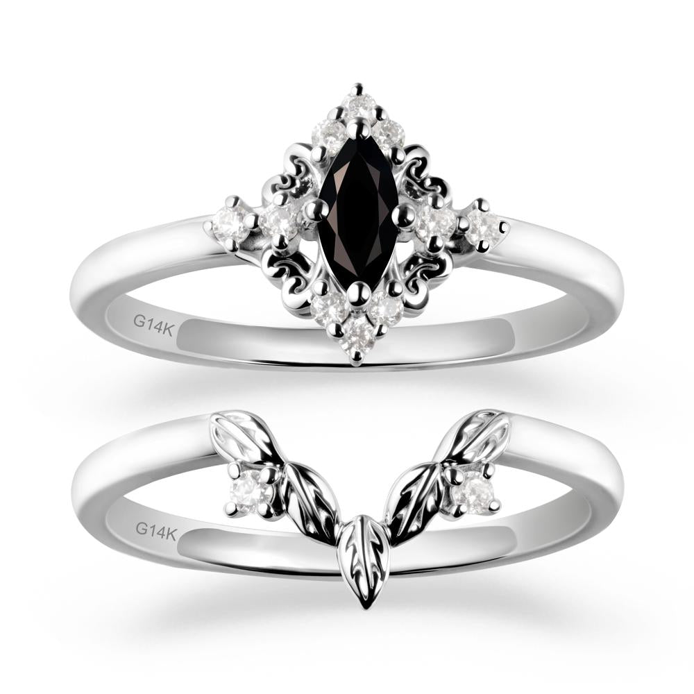 Marquise Black Spinel Ring Sets with Leaf Details - LUO Jewelry #metal_14k white gold