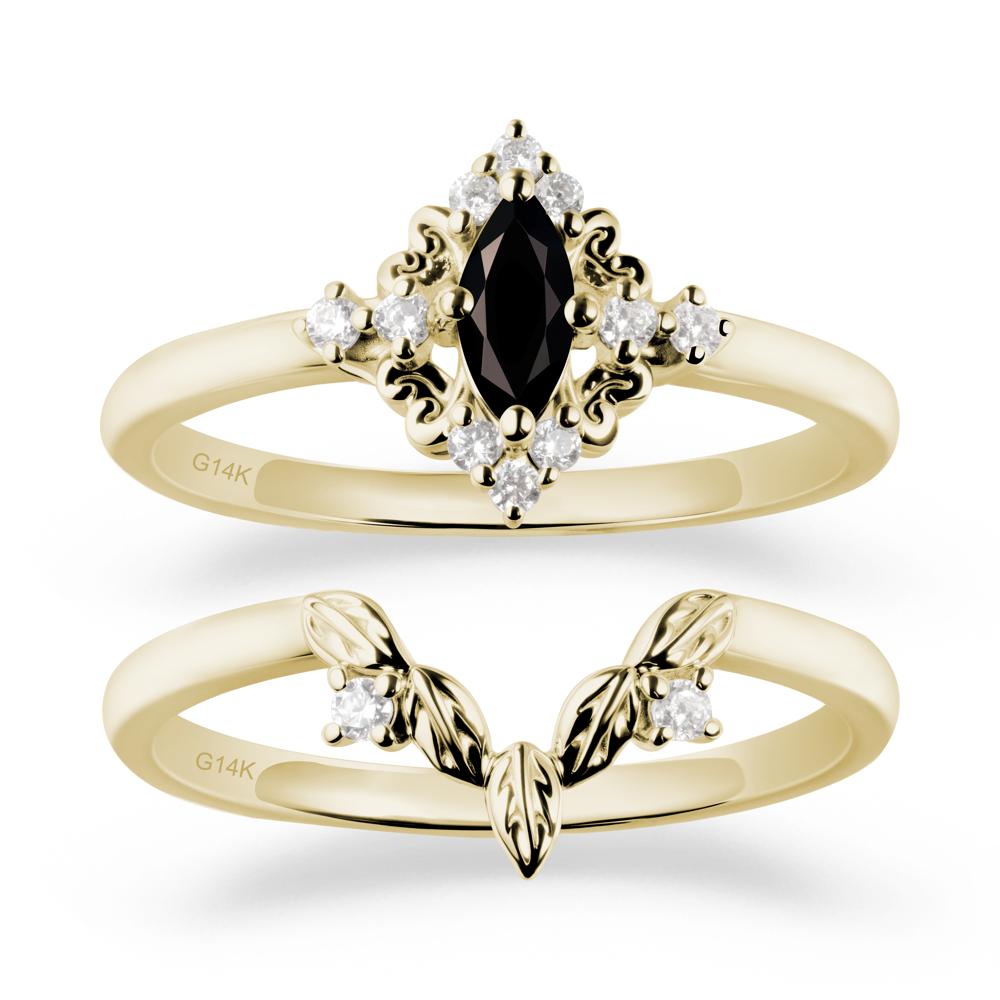 Marquise Black Spinel Ring Sets with Leaf Details - LUO Jewelry #metal_14k yellow gold