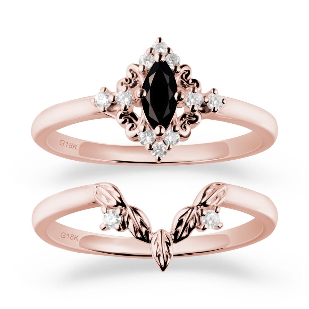 Marquise Black Spinel Ring Sets with Leaf Details - LUO Jewelry #metal_18k rose gold