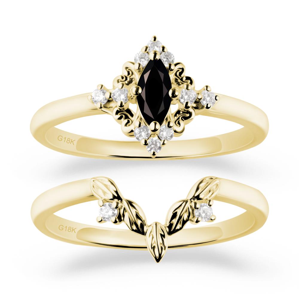Marquise Black Spinel Ring Sets with Leaf Details - LUO Jewelry #metal_18k yellow gold