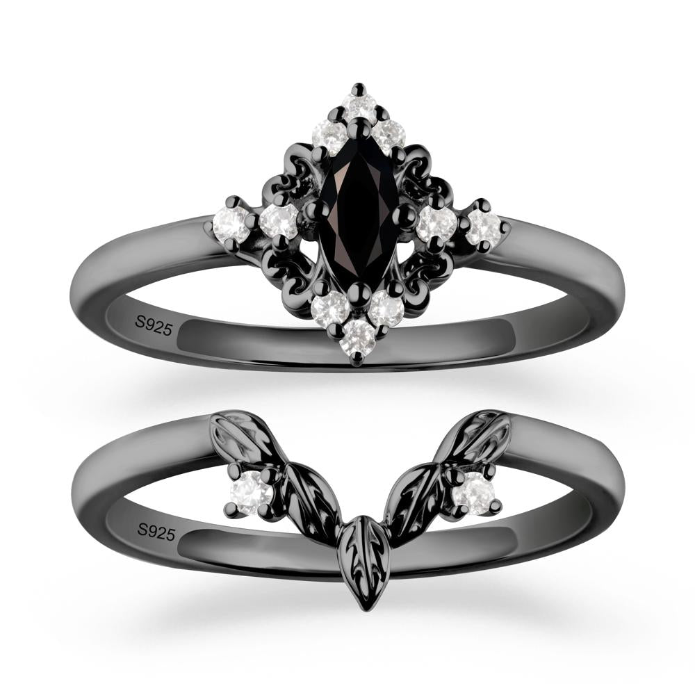 Marquise Black Spinel Ring Sets with Leaf Details - LUO Jewelry #metal_black finish sterling silver