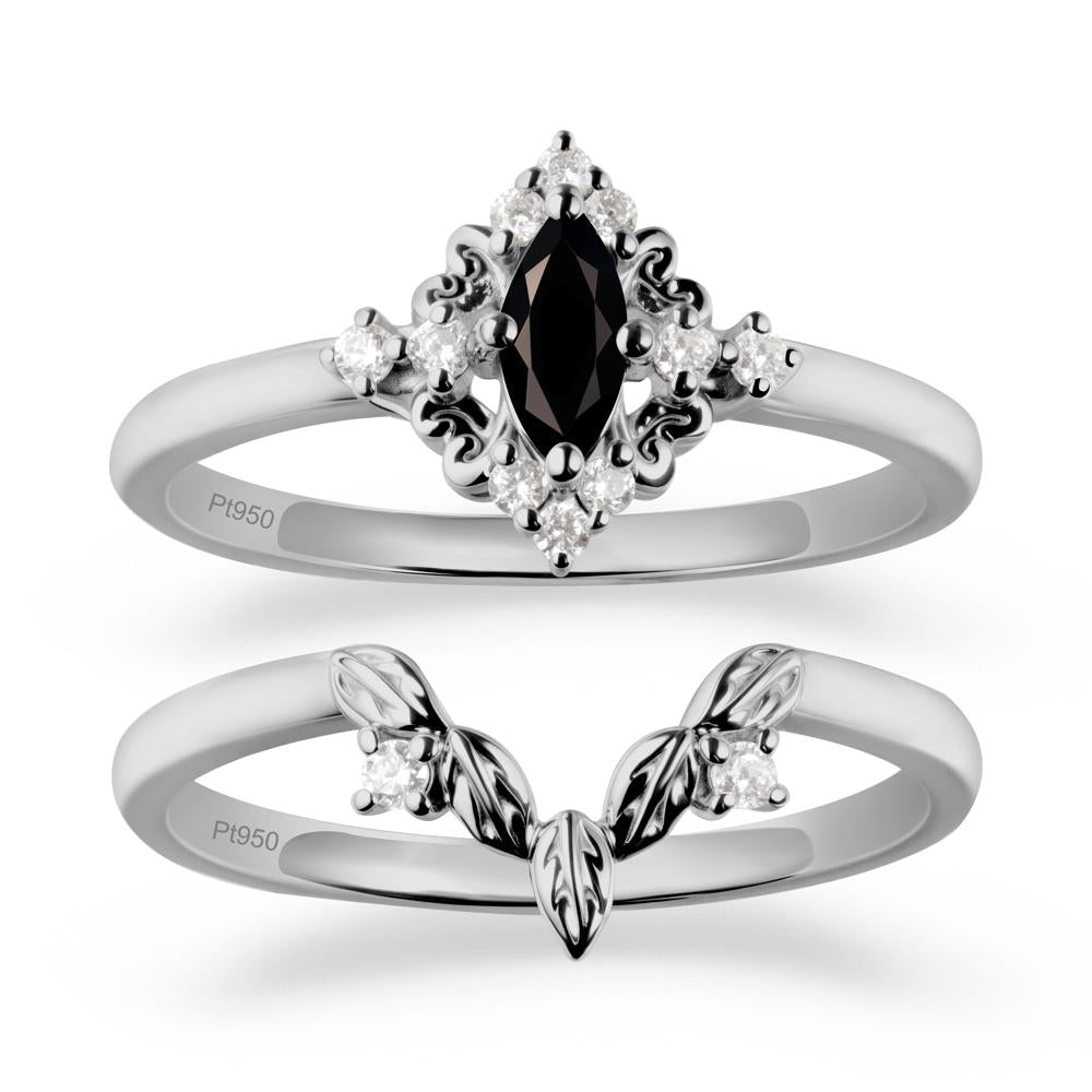 Marquise Black Spinel Ring Sets with Leaf Details - LUO Jewelry #metal_platinum