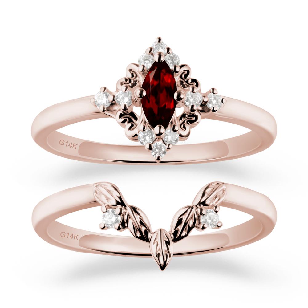 Marquise Garnet Ring Sets with Leaf Details - LUO Jewelry #metal_14k rose gold