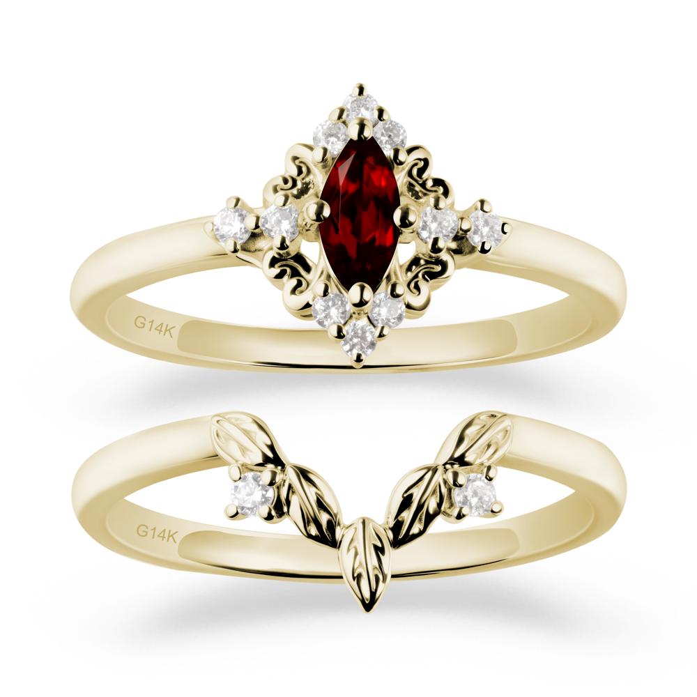 Marquise Garnet Ring Sets with Leaf Details - LUO Jewelry #metal_14k yellow gold
