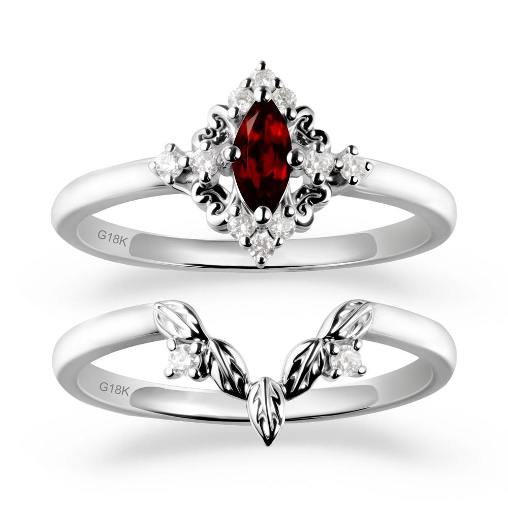 Marquise Garnet Ring Sets with Leaf Details - LUO Jewelry #metal_18k white gold