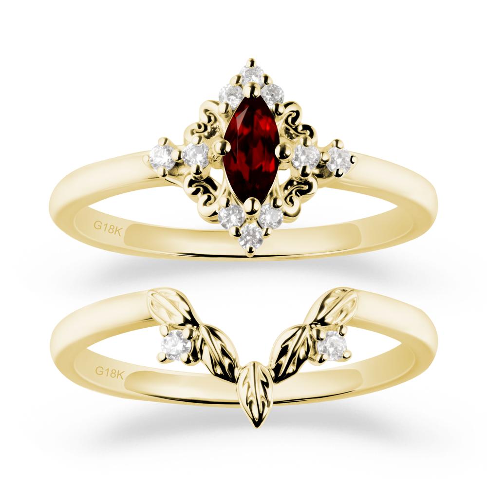 Marquise Garnet Ring Sets with Leaf Details - LUO Jewelry #metal_18k yellow gold