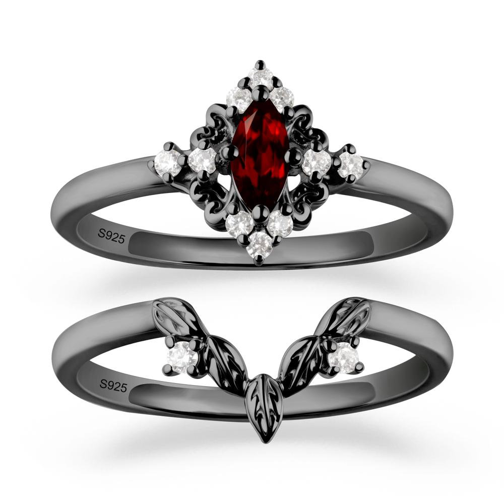 Marquise Garnet Ring Sets with Leaf Details - LUO Jewelry #metal_black finish sterling silver