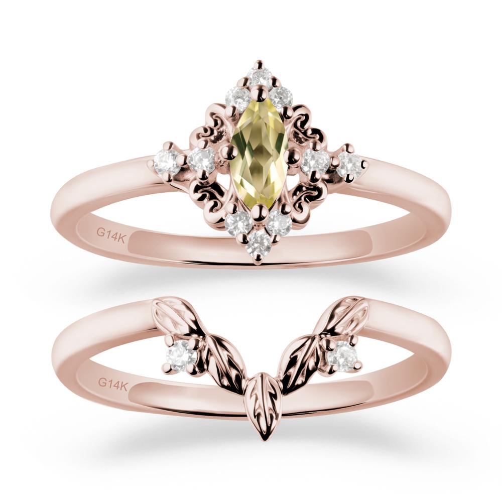 Marquise Lemon Quartz Ring Sets with Leaf Details - LUO Jewelry #metal_14k rose gold