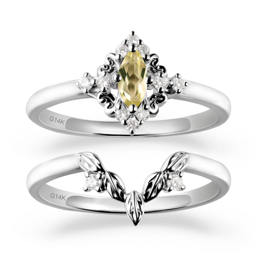Marquise Lemon Quartz Ring Sets with Leaf Details - LUO Jewelry #metal_14k white gold
