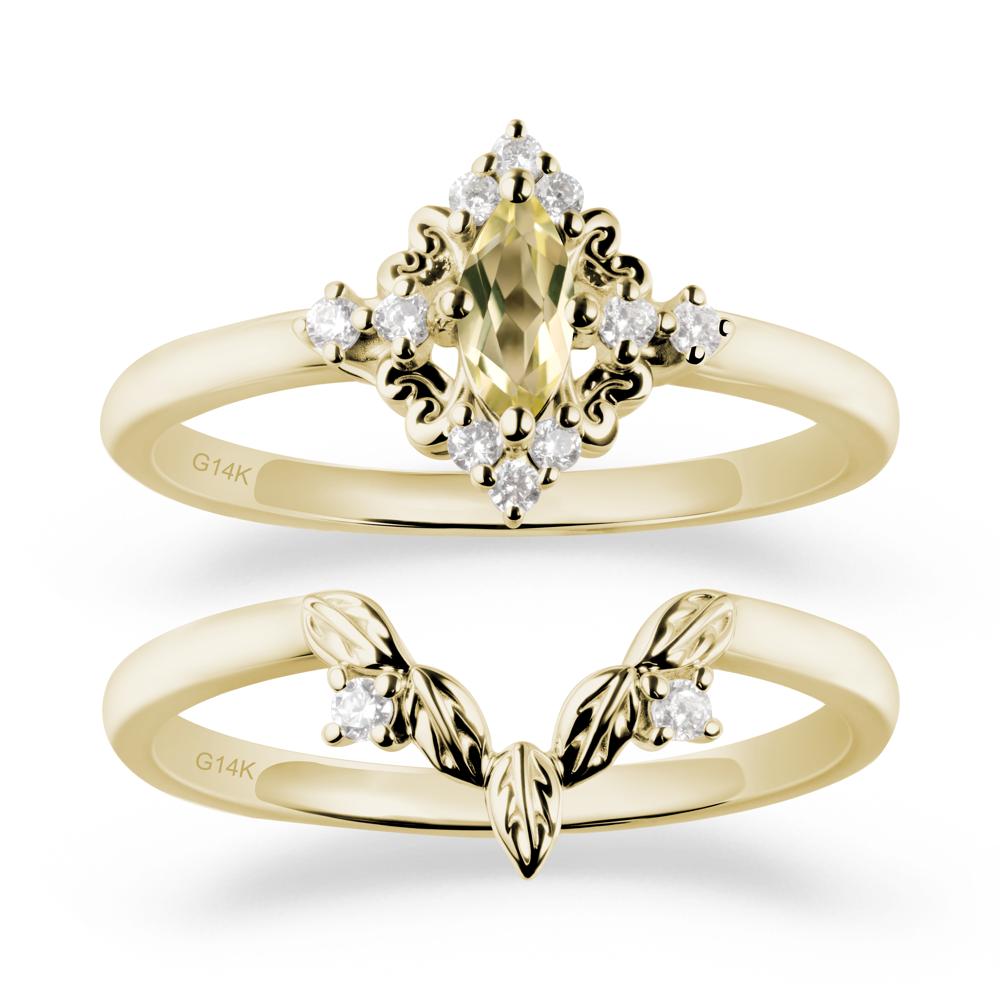 Marquise Lemon Quartz Ring Sets with Leaf Details - LUO Jewelry #metal_14k yellow gold