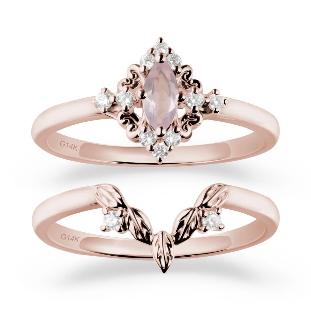 Marquise Rose Quartz Ring Sets with Leaf Details - LUO Jewelry #metal_14k rose gold