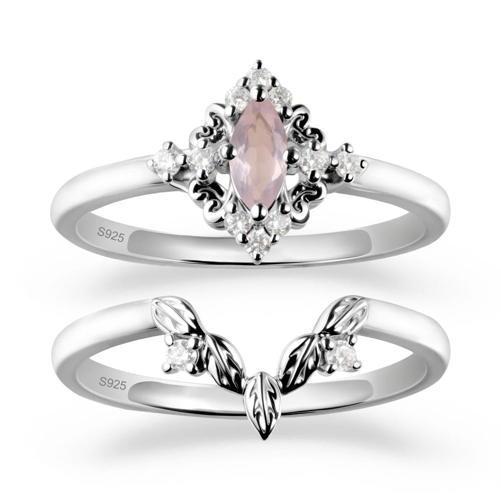 Marquise Rose Quartz Ring Sets with Leaf Details - LUO Jewelry #metal_sterling silver