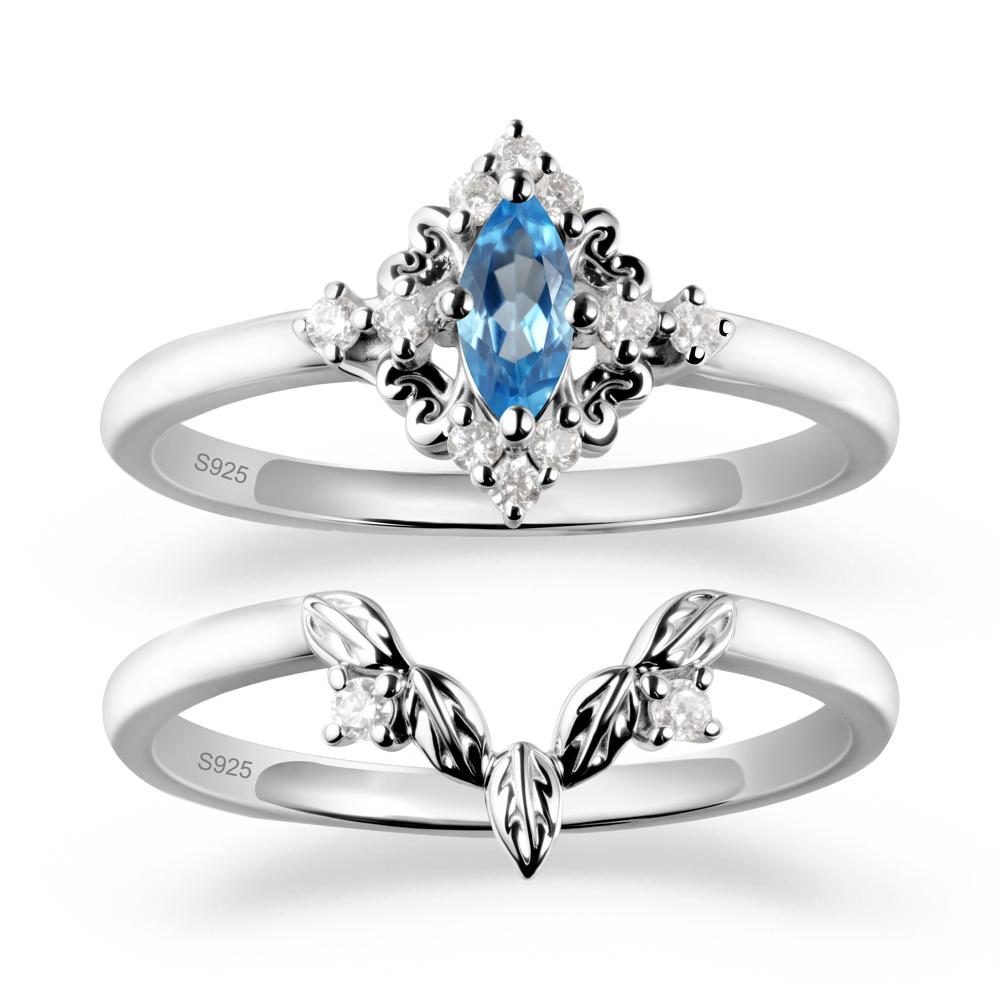 Marquise Swiss Blue Topaz Ring Sets with Leaf Details - LUO Jewelry #metal_sterling silver
