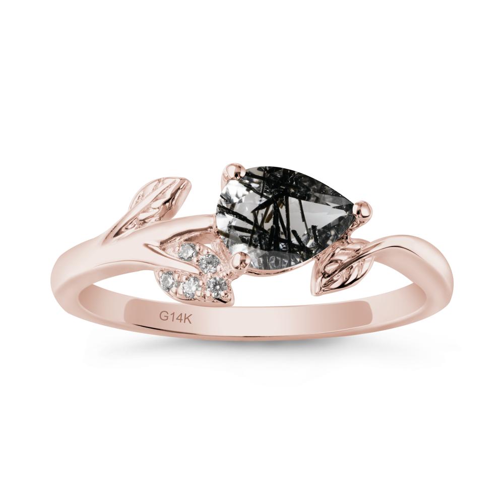 Pear Shaped Black Rutilated Quartz Leaf Ring - LUO Jewelry #metal_14k rose gold