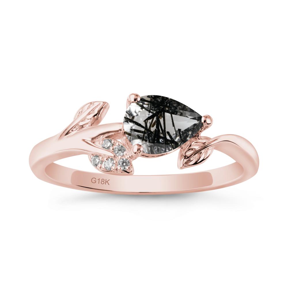 Pear Shaped Black Rutilated Quartz Leaf Ring - LUO Jewelry #metal_18k rose gold