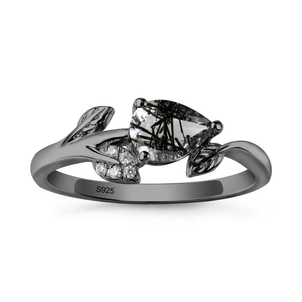 Pear Shaped Black Rutilated Quartz Leaf Ring - LUO Jewelry #metal_black finish sterling silver