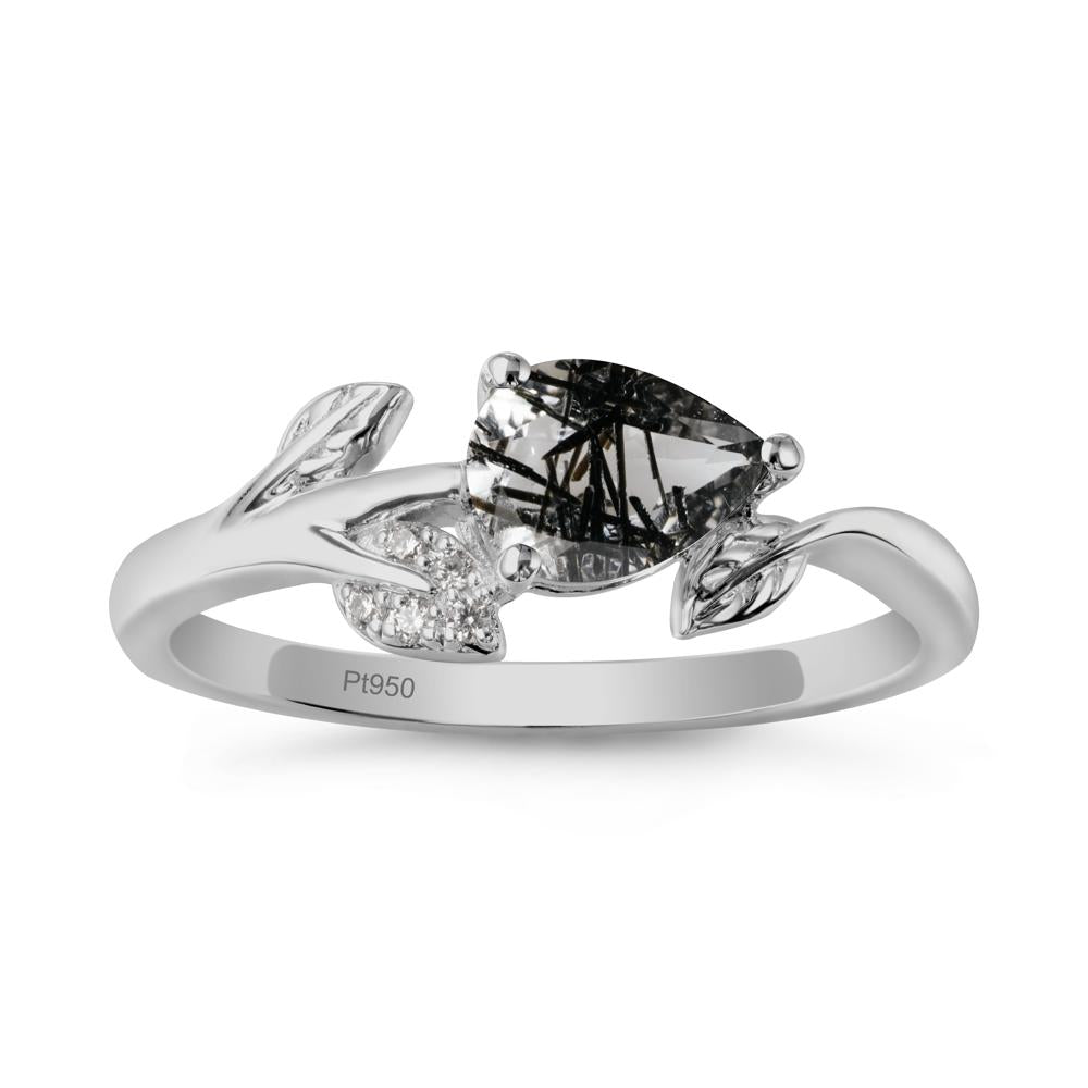 Pear Shaped Black Rutilated Quartz Leaf Ring - LUO Jewelry #metal_platinum
