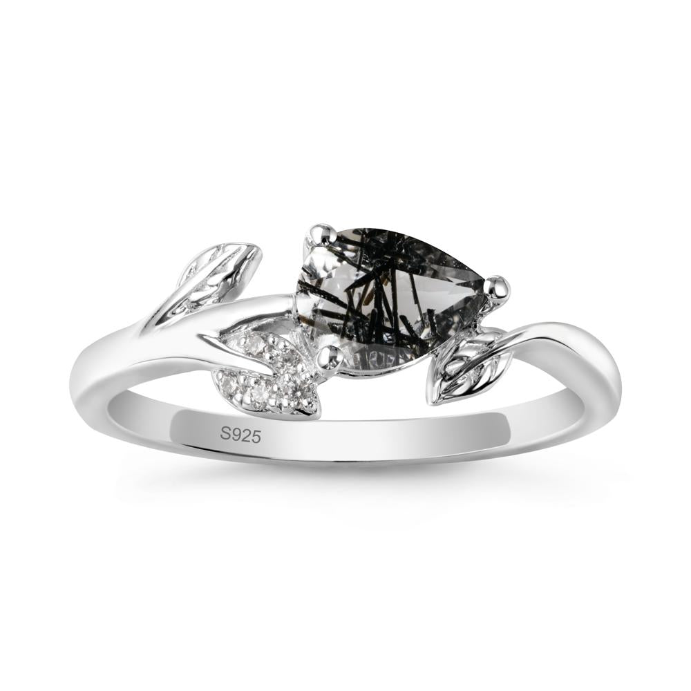 Pear Shaped Black Rutilated Quartz Leaf Ring - LUO Jewelry #metal_sterling silver