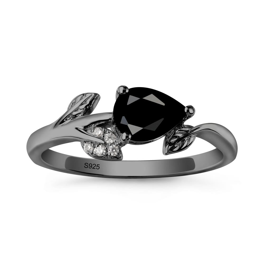 Sprouting Leaf Pear Black Spinel Ring - LUO Jewelry #metal_black finish sterling silver